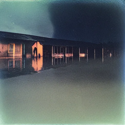 Prompt: polaroid by andrei tarkovsky, surreal fever ray video of flooded, burning suburb with wandering figures, rim light, shot at night with studio lights, liminal space, photorealistic, high definition, technicolor, award - winning photography, masterpiece, amazing colors,