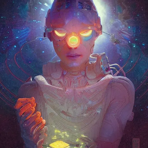 Prompt: cuberpunk, galaxy character, carving on southern ice porcelain , overdetailed art, by greg rutkowski, by Alfons Mucha, complementing colors, magic, colorful lights, fireflies, detailed illustration