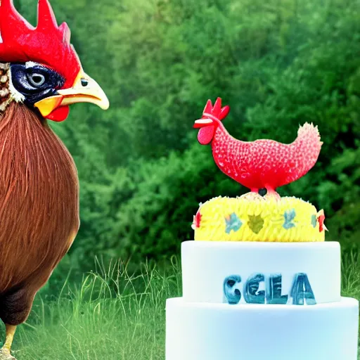 Image similar to a realistic photo of a hatchling chick and a big rooster all alone next to a birthday cake