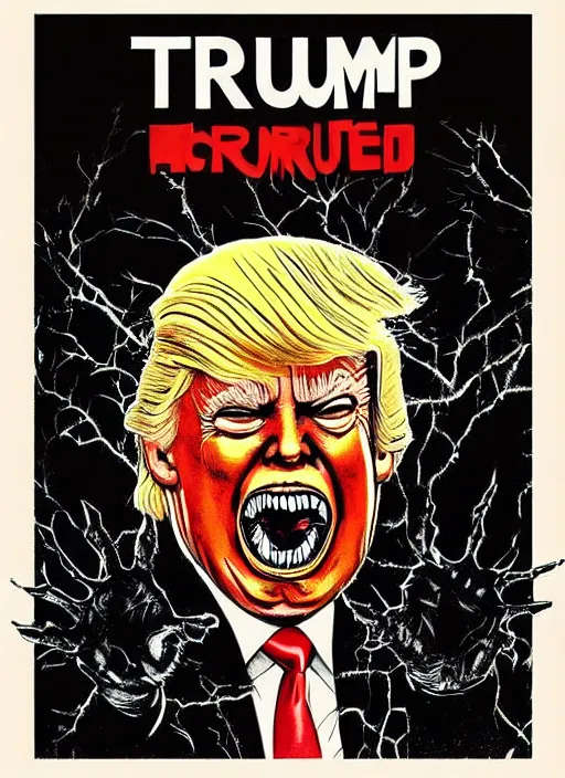 Image similar to Donald Trump's true form on a 1980s horror movie poster , vintage 80s print, detailed, scary, horror, screen print, trending on artstation