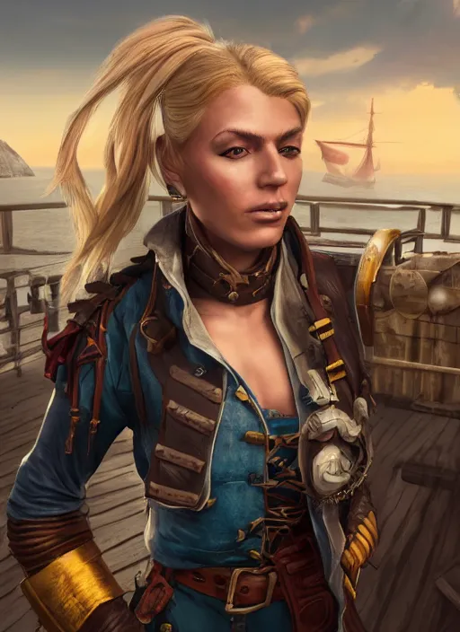 Image similar to An epic fantasy comic book style portrait painting of tall blonde haired female sky-pirate with a serious face and a pony tail in front of a metal gangplank, unreal 5, DAZ, hyperrealistic, octane render, cosplay, RPG portrait, dynamic lighting