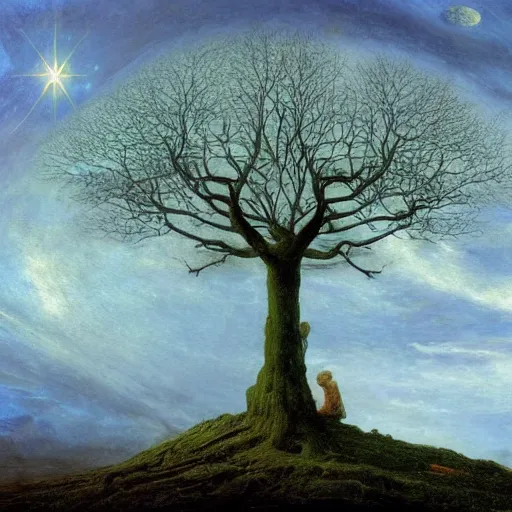 Prompt: a cosmic life tree by caspar david friedrich, digital art, artstation, low angle,