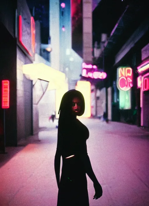 Image similar to A hyper realistic and detailed head portrait photography of a black hair, slim, black noir female on a futuristic street. by Annie Leibovitz. Neo noir style. Cinematic. neon lights glow in the background. Cinestill 800T film. Lens flare. Helios 44m