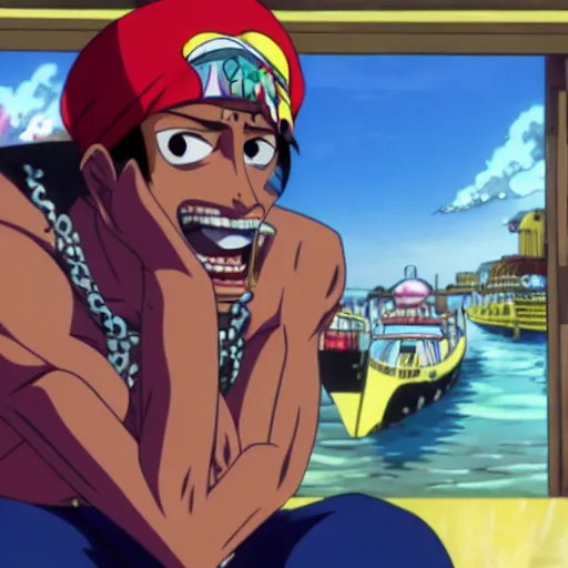 Image similar to A still of Tupac Shakur in One Piece Anime Series, 8k Resolution. Tupac