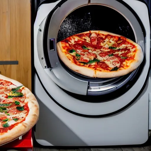 Prompt: photo of a washing machine with pizza spinning inside it