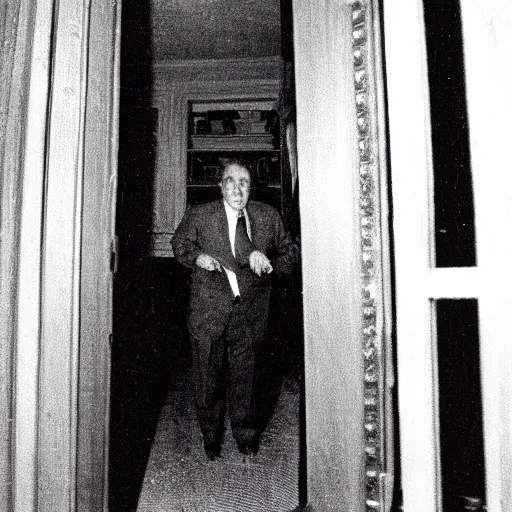 Prompt: grainy photo of franklin roosevelt a creepy monster in a closet, harsh flash