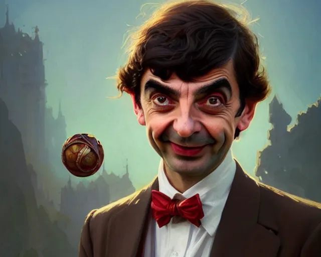Image similar to a young mr bean looking very happy, photography of kurzgesagt, deep focus, d & d, fantasy, intricate, elegant, highly detailed, digital painting, artstation, concept art, matte, sharp focus, illustration, hearthstone, art by artgerm and greg rutkowski and alphonse mucha