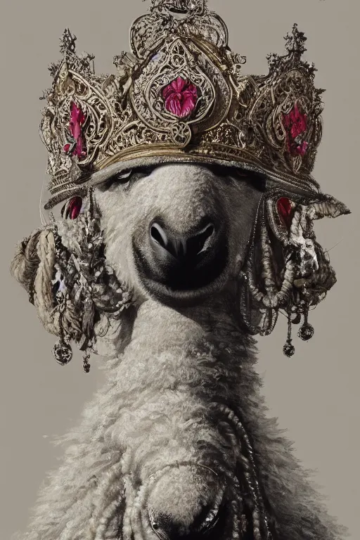 Prompt: anthropomorphic sheep queen, crown, oil on canvas, intricate, portrait, 8 k highly professionally detailed, hdr, cgsociety