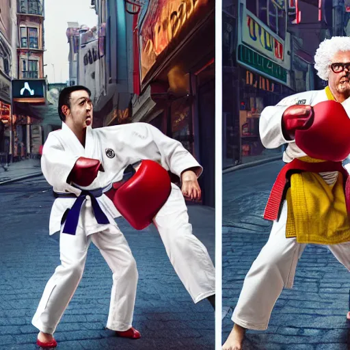 Image similar to ronald macdonald fights, colonel sanders, hyper real, 8 k, octane render, vivid, bright, photo realistic, martial arts, city street