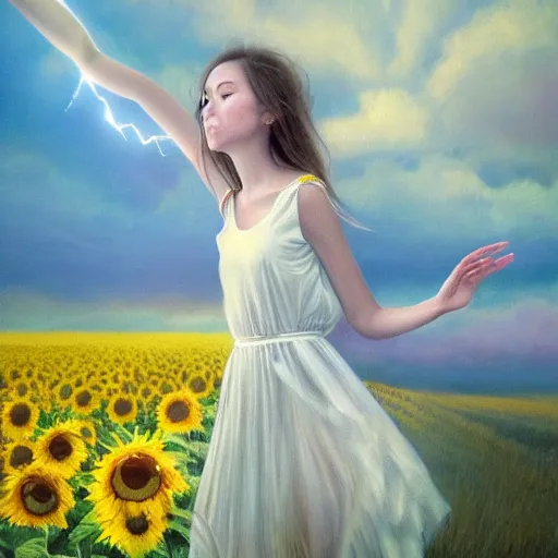 Image similar to a dreamy vision of girl levitating over amazing tall sunflower field, hair flowing, fog, early morning lightning, subtle, intricate details, real masterpiece, oil on canvas, by somsak anong