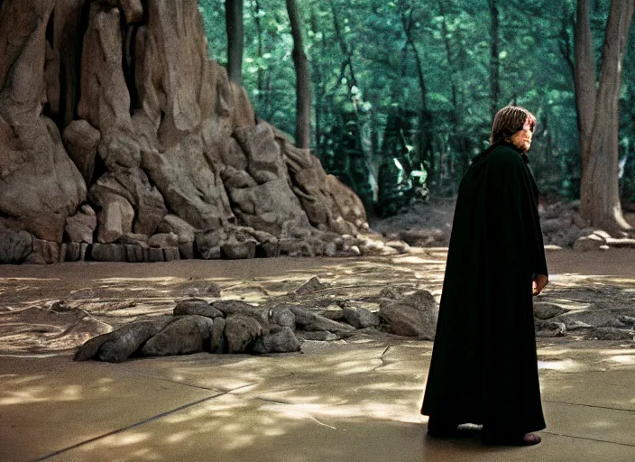 Prompt: luke skywalker at the new jedi temple school jungle. Photographed with Leica Summilux-M 24 mm lens, ISO 100, f/8, Portra 400