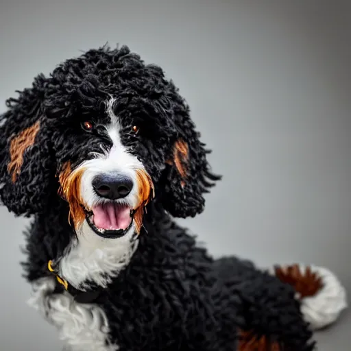 Prompt: a closeup photorealistic photograph of a smiling knitted bernedoodle judge dog dressed in a black gown, presiding over the courthouse. indoors, professional capture, well lit shot. this 4 k hd image is trending on artstation, featured on behance, well - rendered, extra crisp, features intricate detail, epic composition and the style of unreal engine.