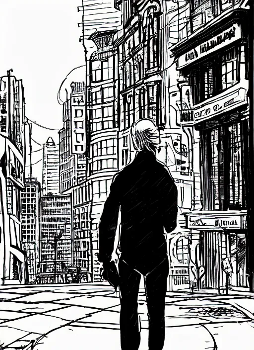 Prompt: young blonde beautiful male boy walking on a city street, mike mignola style, comics, beautiful composition, wide angle, cinematic, volumetric lighting, intricate details