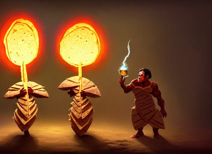 Image similar to two men made out of tortillas, their whole body is a tortilla, they are holding microphones, by marco bucci and frank frazetta, style of magic the gathering, high resolution, fantasy coloring, intricate, digital painting, artstation, smooth, sharp focus