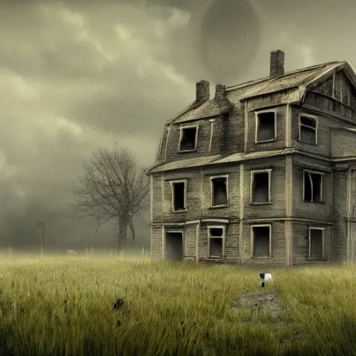 Prompt: a creepy house in the middle of a field, a matte painting by Aleksander Kotsis, deviantart, gothic art, horror film, apocalypse art, macabre