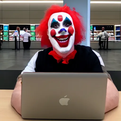 Image similar to scary clown working at an apple store