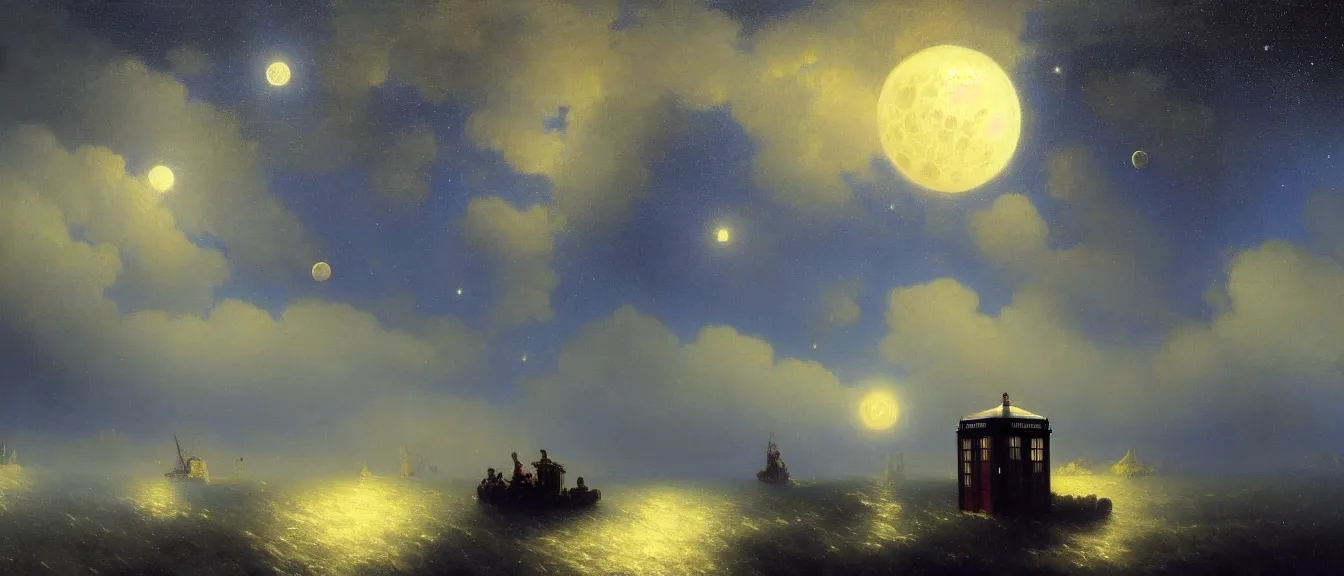 Prompt: A beautiful painting of a TARDIS from Doctor Who flying in milky way with moon by Ivan Konstantinovich Aivazovsky, Trending on artstation