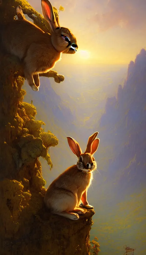 Image similar to rabbit looking off of a cliff, sun setting behind rabbit, lush forest in valley below, painted by tom bagshaw, james gurney, gaston bussiere, craig mullins, j. c. leyendecker 8 k