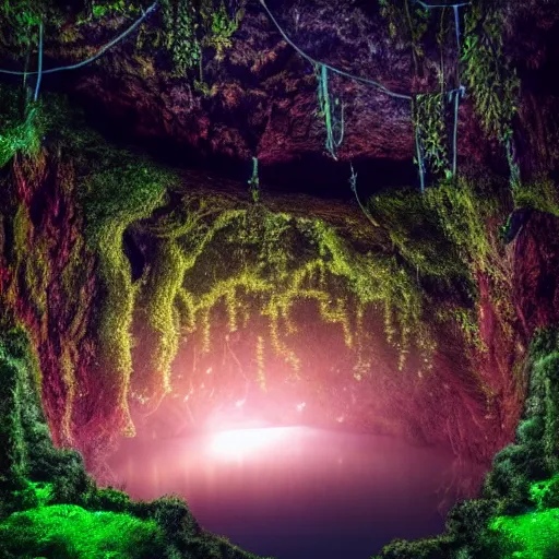 Image similar to a professional photograph of a glowing cave hidden by a curtain of vines and hidden by lush green vines, small pool of water, trickling water, stone, hidden, forest, night, glow, magical, magic, fantasy, high quality, highly detailed, award-winning, awe-inspiring, spectacular, HD, 4K, 8K