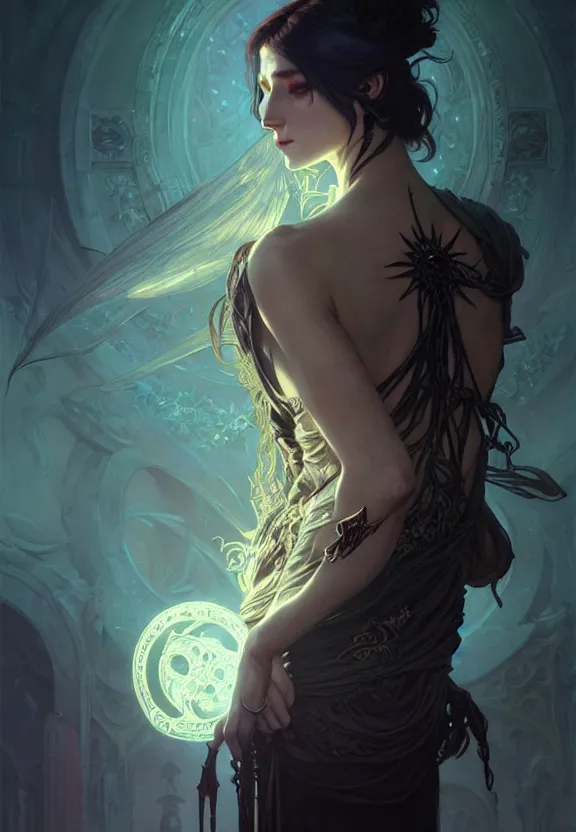 Image similar to Necromancer Sorceress in center, fantasy magic, undercut hairstyle, dark light night, intricate, elegant, sharp focus, illustration, highly detailed, digital painting, concept art, matte, art by WLOP and Artgerm and Greg Rutkowski and Alphonse Mucha, masterpiece