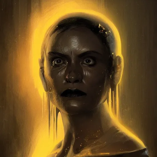 Image similar to portrait of a woman by greg rutkowski, a woman with yellow skin, black lips wearing black robes and a hodd, evil energy, star wars expanded universe, she is about 6 0 years old, highly detailed portrait, digital painting, artstation, concept art, smooth, sharp foccus ilustration, artstation hq