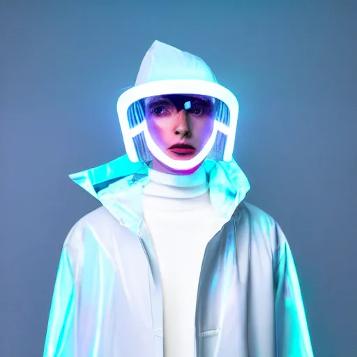 Image similar to an ultra high definition professional studio quality photograph of an artificial celebrity cyberpunk pop star wearing a transparent iridescent perspex pastel coloured face visor and matching raincoat on white coat hook in an empty white room. dramatic lighting. volumetric shadows. light rays