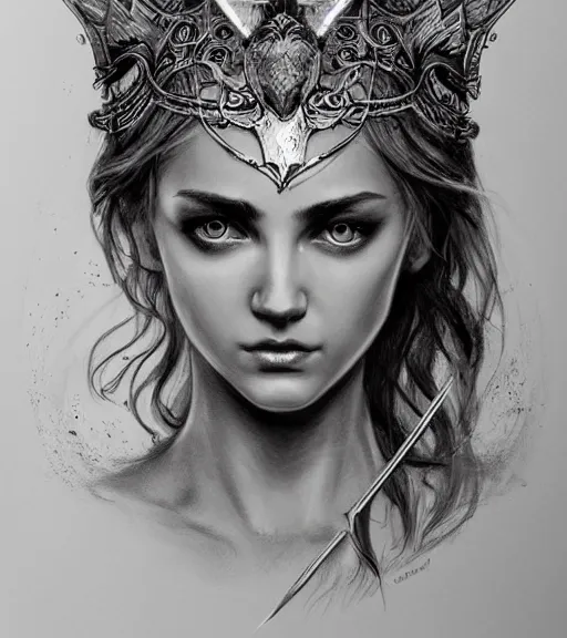 Image similar to beautiful aphrodite goddess wearing an arrow on her head, realistic face, beautiful eyes, black and white drawing, in the style of greg rutkowski, fantasy, amazing detail, epic, intricate, elegant, smooth, sharp focus