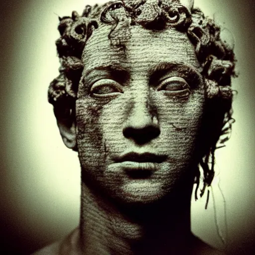 Image similar to Award-winning photograph by Cindy Sherman. The photo depicts a decaying roman bust of Mark Zuckerberg overgrown with moss at the bottom of the sea in the middle of ruins of civilization. Far shot. Minimalism, high definition, perfect composition. Deep sea picture. Very dark. Volumetric Lighting. Fish. Darkness. Ruins. Far Shot
