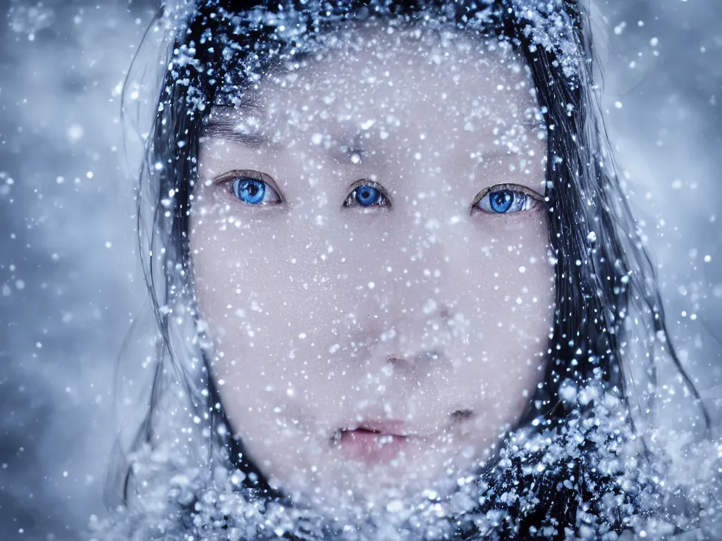 Prompt: the piercing blue eyed stare of yuki onna reaching out to you, freezing blue skin glinting and glittering, blizzard in the mountains, bokeh, captured on canon eos r 6, asymmetric, rule of thirds