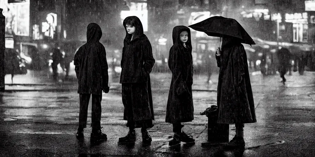 Prompt: night scene, sadie sink in hoodie sits sells umbrellas on city corner, pedestrians ignore her : grainy b & w 1 6 mm film, 2 5 mm lens, single long shot from schindler's list by steven spielberg. cyberpunk, steampunk. cinematic atmosphere and composition, detailed face, perfect anatomy