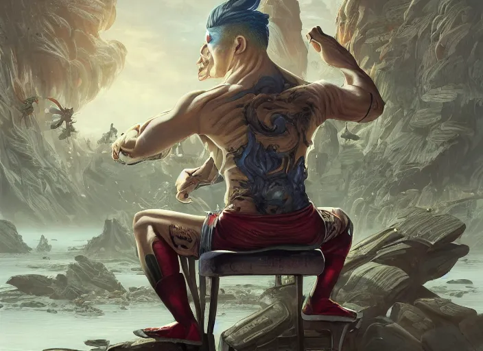 Image similar to an insanely detailed painting of an asian man wearing a homemade superhero costume, sitting at a desk, staring seriously at the computer and typing, in the style of peter mohrbacher, james jean, artgerm, dramatic lighting and composition, surreal background, octane render, pixar, trending on artstation, concept art, comic book, view from behind, 8 k