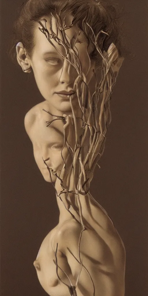 Image similar to the figure of a woman with many heads growing from the stem of a flowering plant, highly detailed, hyperrealism