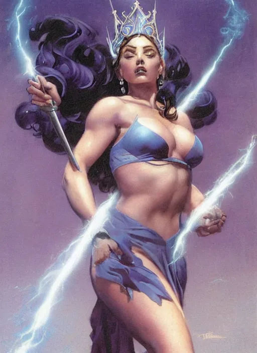 Image similar to mighty plump female sorceress, blue tiara, lightning strike above head, strong line, muted color, beautiful! coherent! by frank frazetta, by brom