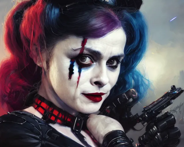 Image similar to highly detailed portrait of helena bonham carter as harley quinn, in batman : arkham knight, stephen bliss, unreal engine, fantasy art by greg rutkowski, loish, rhads, ferdinand knab, makoto shinkai and lois van baarle, ilya kuvshinov, rossdraws, tom bagshaw, global illumination, radiant light, detailed and intricate environment