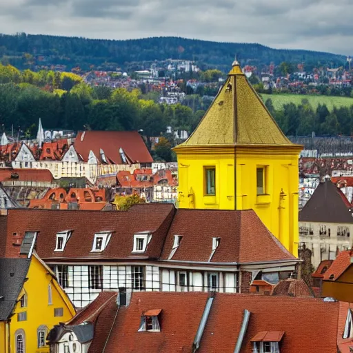 Prompt: a large yellow building with a steeple on top of it, on a hill, a flemish baroque by karl stauffer - bern, unsplash, heidelberg school, panorama, wimmelbilder, nikon d 7 5 0