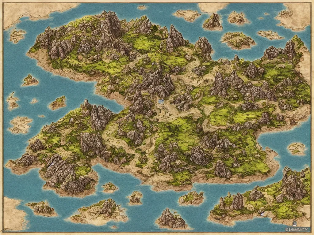 Image similar to an isometric fantasy map of an island, the land of Odrua, uncluttered, bordered by ocean, continent with mountains lakes hills and cities, by brian froud by jrr tolkien in the dungeons and dragons and disney styles