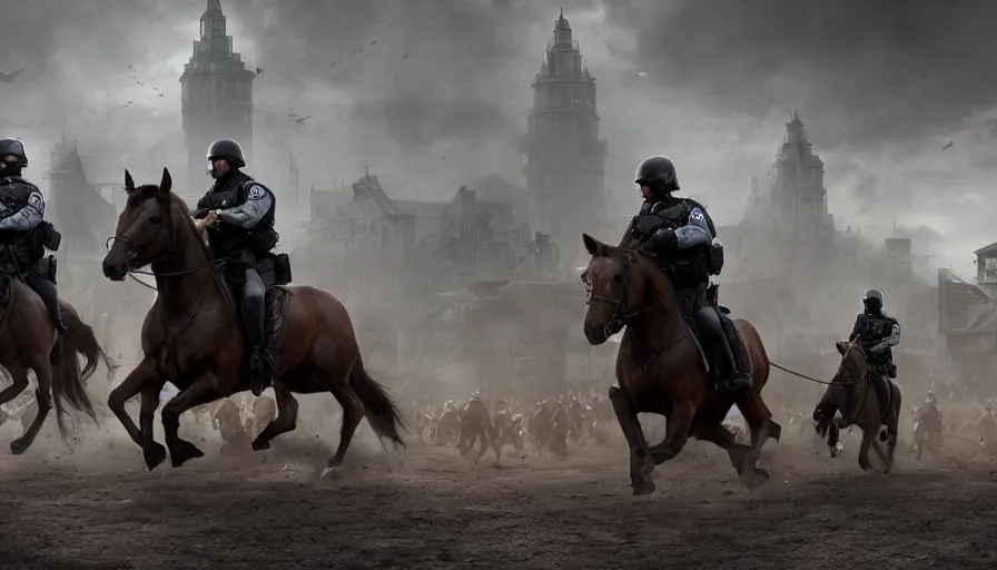 Image similar to police riding a militarized horse through an orwellian town, troops searching the area, action scene, an epic fantasy, dramatic lighting, cinematic, establishing shot, extremely high detail, photorealistic, cinematic lighting, artstation, octane render, by Christopher Nolan, horizon forbidden west