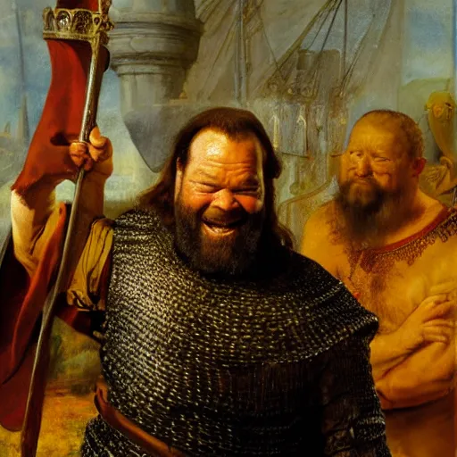 Prompt: bud spencer as king arthur, with crown and chainmail, camelot in the background, oil painting by rembrandt, composition, full body