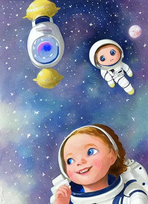 Prompt: a cute little girl with a round cherubic face, blue eyes, and short wavy light brown hair smiles as she floats in space with stars all around her. she is an astronaut, wearing a space suit. beautiful painting with highly detailed face by quentin blake and greg rutkowski