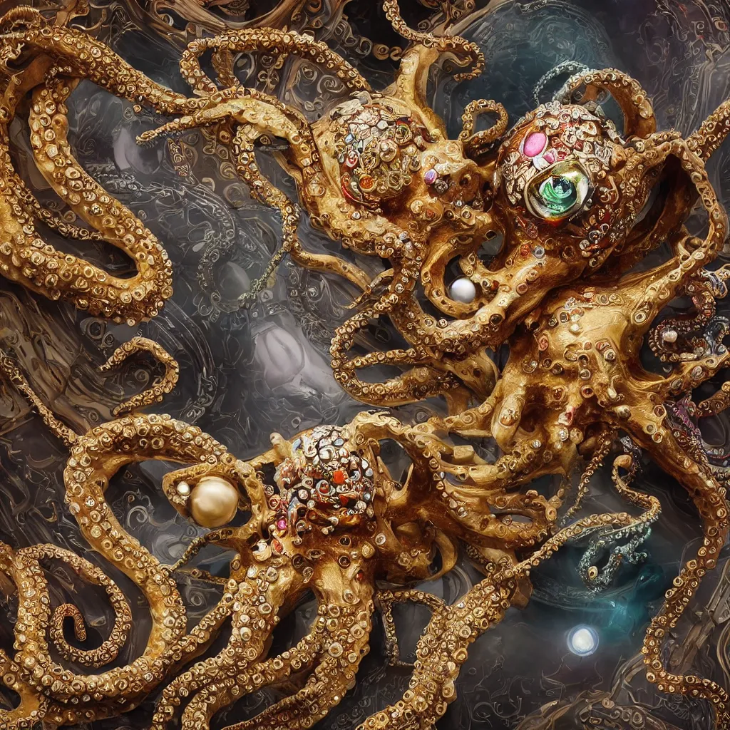 Image similar to a high-resolution color-chrome extreme closeup portrait photo of a octopus fighting a incredible elegant pale renaissance rococo Queen, with ornate jewelled, rococo Queen, sci-fi, high-tech, beautiful low light, style Steve McCurry Octane render 8k