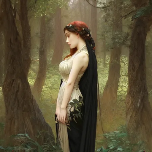 Image similar to beautiful girl wearing a black cloak standing in a forest, intricate, art by artgerm and greg rutkowski and alphonse mucha and william - adolphe bouguereau, high detailed, 4 k,