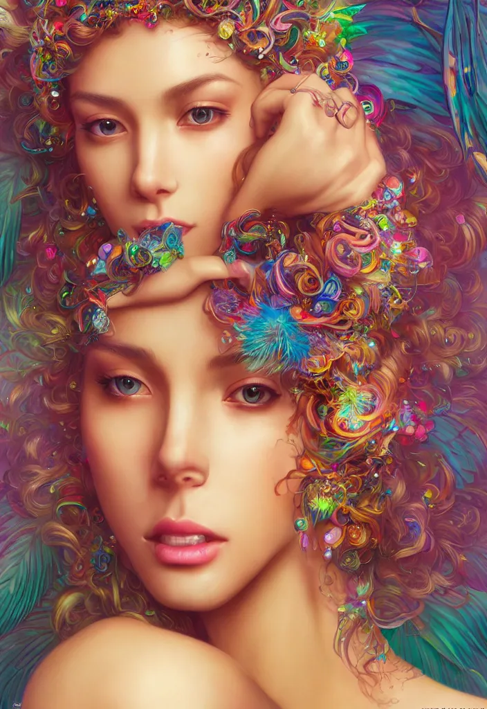 Image similar to beautiful, young woman, detailed gorgeous face, vaporwave aesthetic, synthwave, colorful, psychedelic, water droplets, feathers, crown, artstation, concept art, smooth, extremely sharp detail, finely tuned detail, ultra high definition, 8 k, unreal engine 5, ultra sharp focus, illustration, art by artgerm and greg rutkowski and alphonse mucha