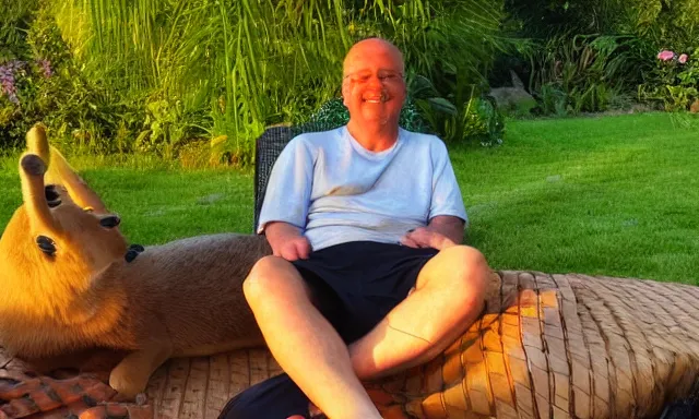 Image similar to My dad just took a hit from the bongo and have good time being gracefully relaxed in the garden, sunset lighting