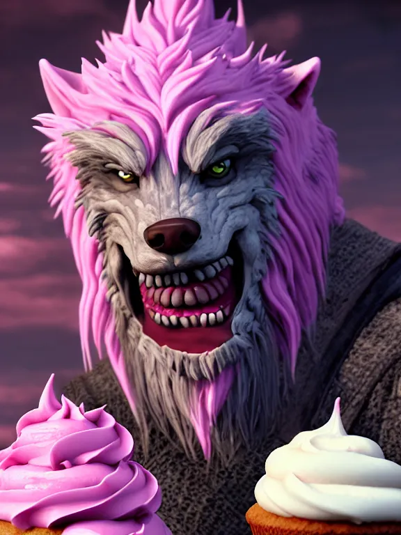 Image similar to cute handsome cuddly burly surly relaxed calm timid werewolf from van helsing holding a cute cupcake with pink frosting unreal engine hyperreallistic render 8k character concept art masterpiece screenshot from the video game the Elder Scrolls V: Skyrim