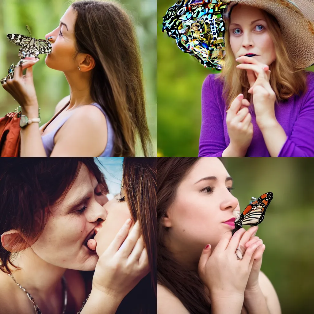 Prompt: photo portrait of a woman kissing a butterfly