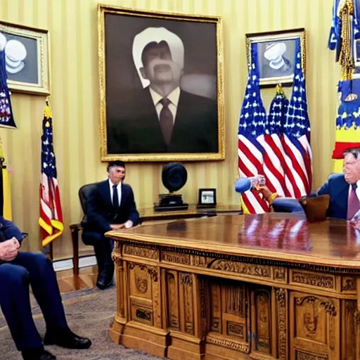 Image similar to a minion meeting president ronald reagan, zoom photograph, oval office, despicable me minions