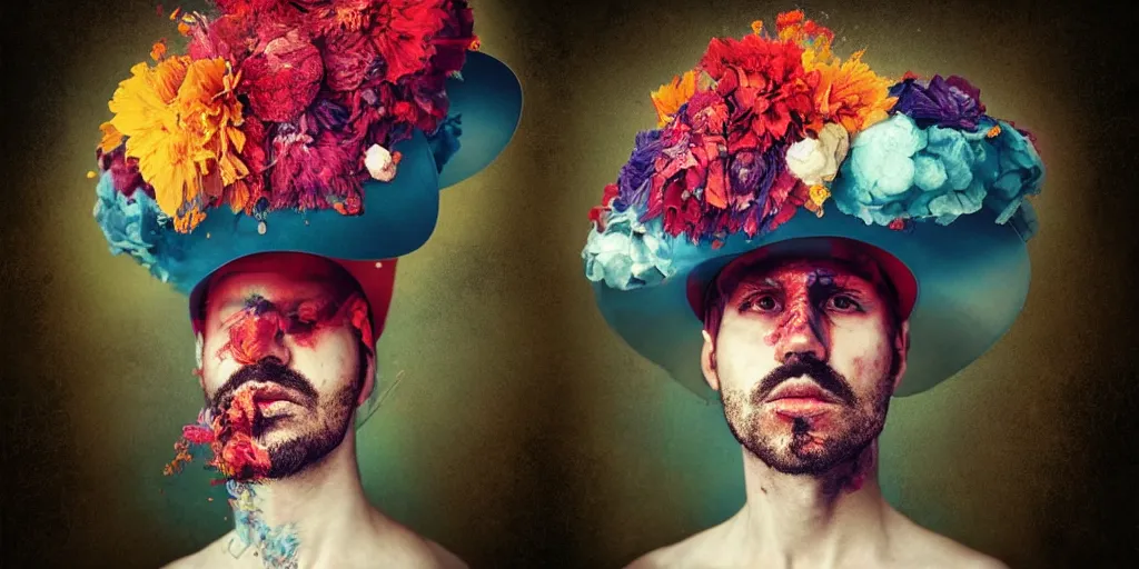 Image similar to an album cover of a man with a strange hat on his head by Alberto Seveso, behance contest winner, award winning, masterpiece, pop surrealism, made of flowers, surrealist-H 1024