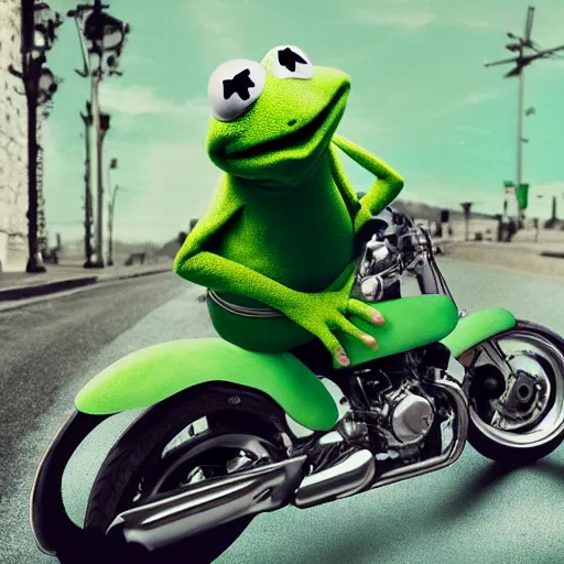 Prompt: slimy kermit the frog leaning against a motorcycle. bright sky. shiny pavement. gq magazine photograph.