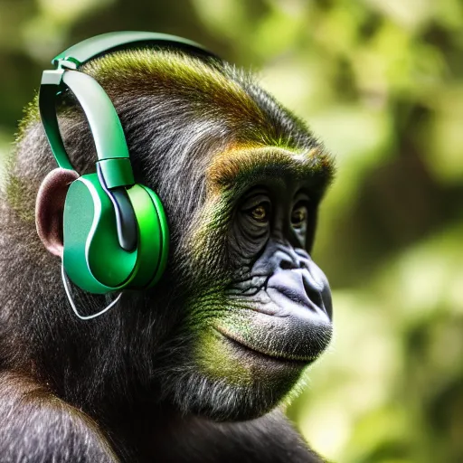 Image similar to a high quality photo of a green chimp wearing headphones, realism, 8k