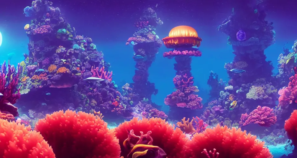 Image similar to a beautiful cinematic view of an underwater enchanting multicolored coral shrine surrounded by an exotic tropical reef, underneath a star filled night sky, warm coloured, gigantic pillars and flowers, maschinen krieger, beeple, film, atmospheric perspective, abzu, oil on canvas